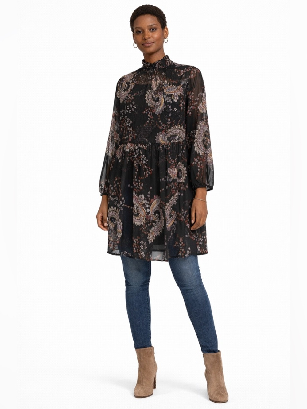 Wonderly Sheer Paisley Tunic Dress | Smocked Neck Boho Mini | Flowy Romantic - Picture 2 of 7